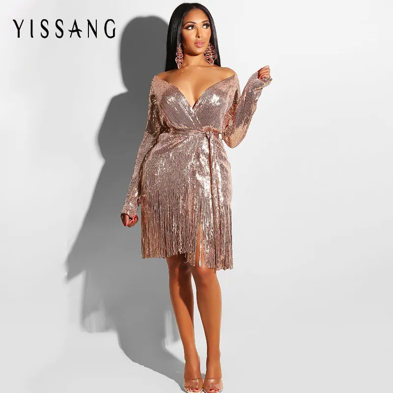 Yissang Sequin Tassel сексуальное пальто с длинным рукавом Женское осень зима Золотая
