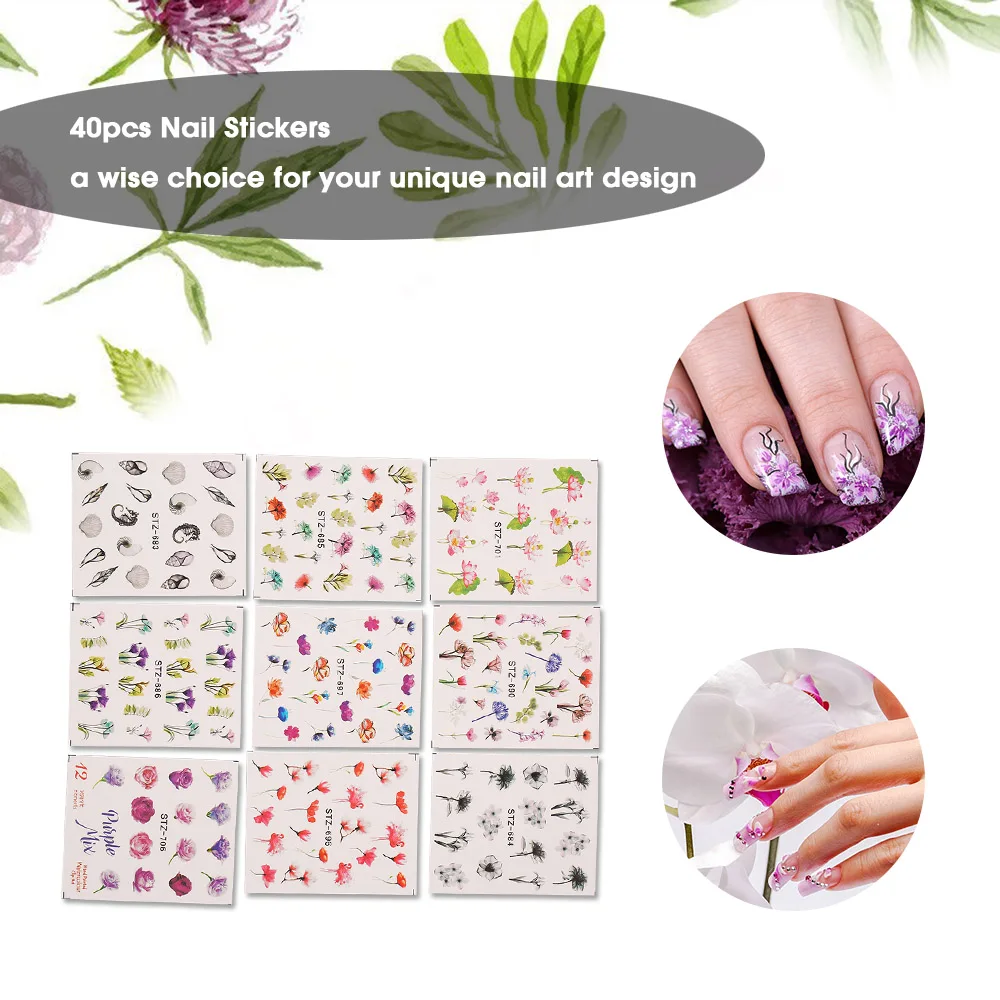 40pcs Nail Stickers Water Transfer Tattoo Flower Pattern Manicure Nail