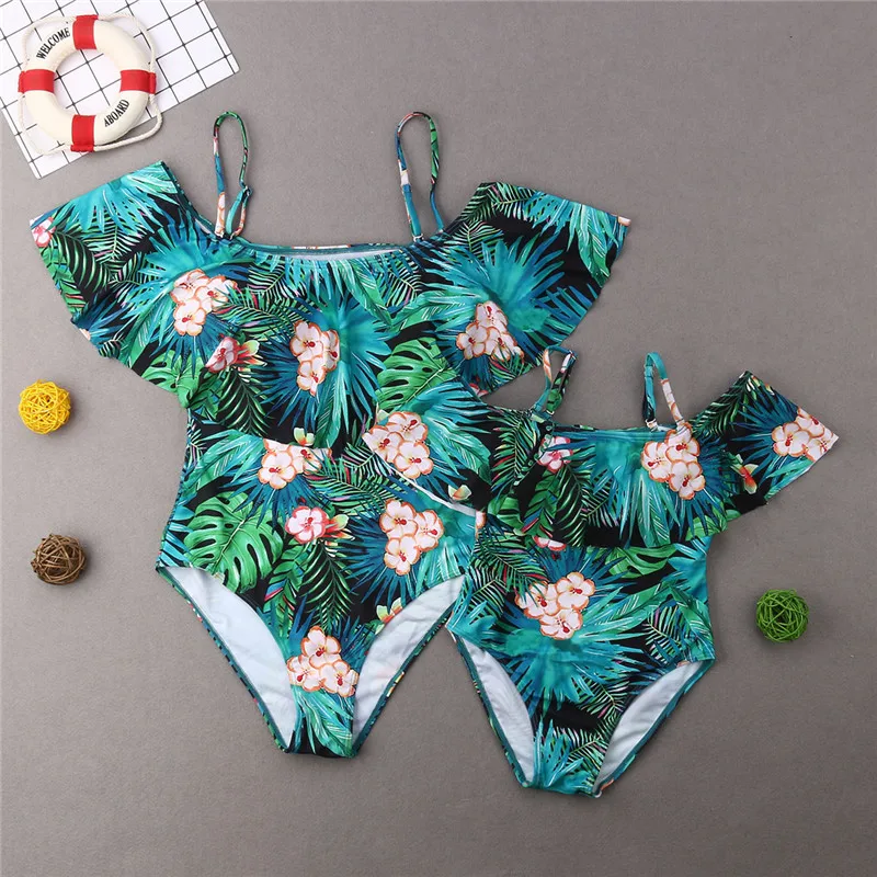 

Family Matching Swimsuit Kids Girls Off Shoulder One Piece Bathing Suit Mother Daughter Swimwear Women Monokini Leaves Beachwear