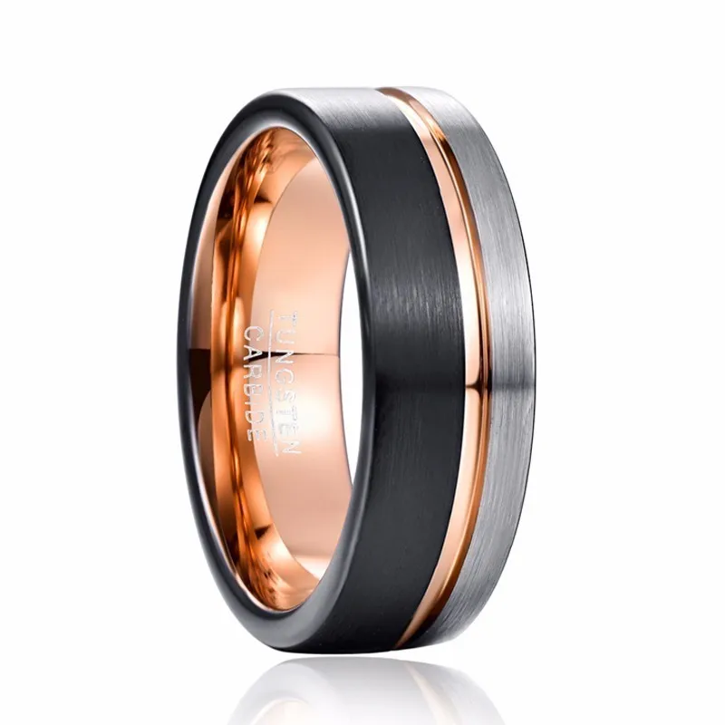 

Men 8mm Tungsten Ring Black Rose Gold Silver Line Wedding Band Engagement Ring Men's Party Jewelry Bague Homme
