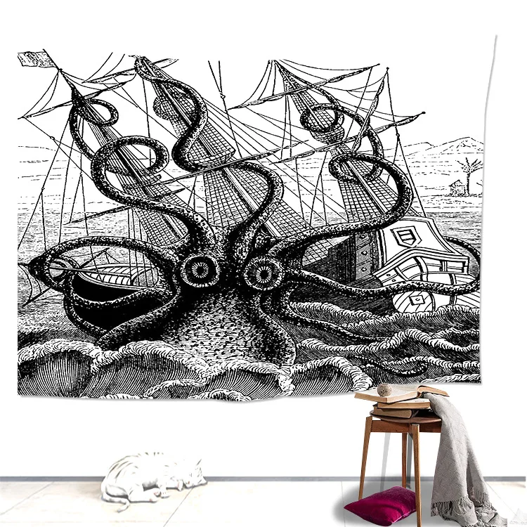 

Loartee Sea Octopus Sinking Ship Tapestry Black White Hand Draw Picture Cloth Home Wall Decoration