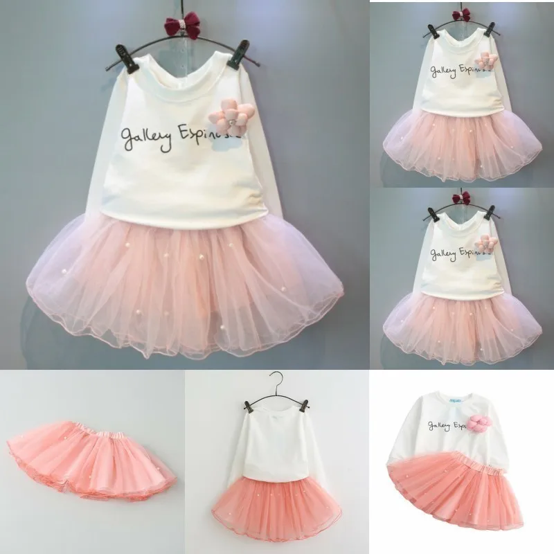 

Girl Dress Cute Girl White T-shirt And Pink Dress With Rhinestone Clothes Suit Children Autumn Children's Clothing Set
