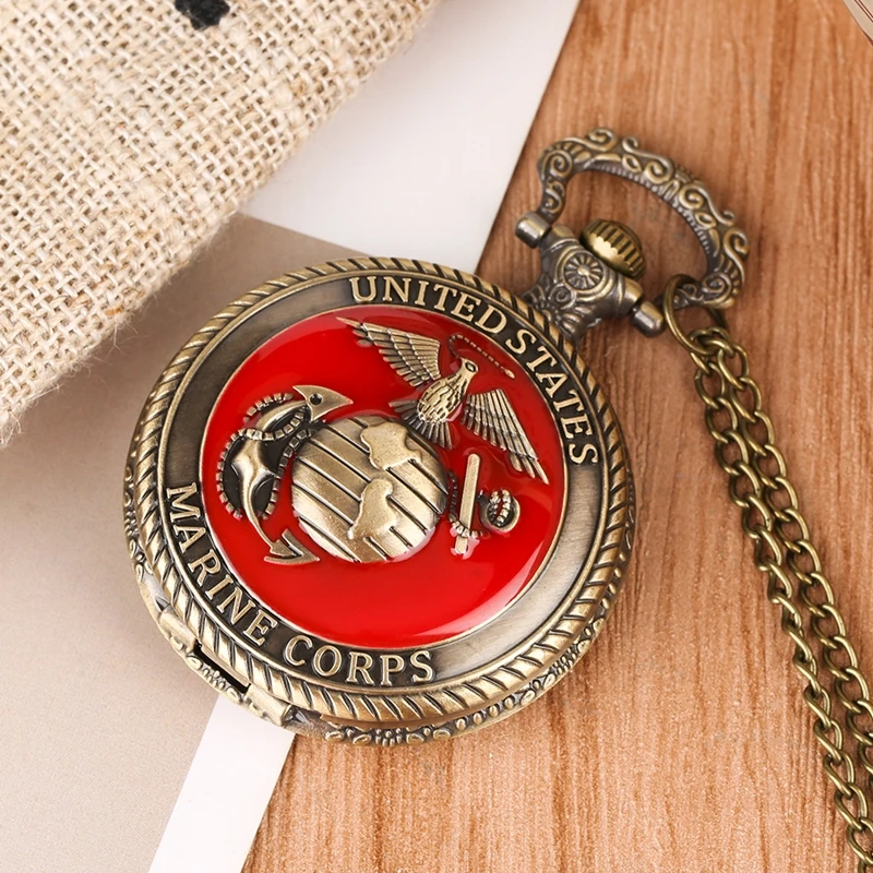 United State Marine Corps Theme Necklace Quartz Pocket Watch