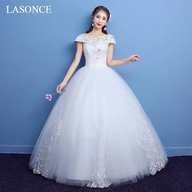 

LASONCE Illusion O Neck Crystal Ball Gown Wedding Dresses Lace Appliques Short Cap Sleeve Backless Bridal Dress