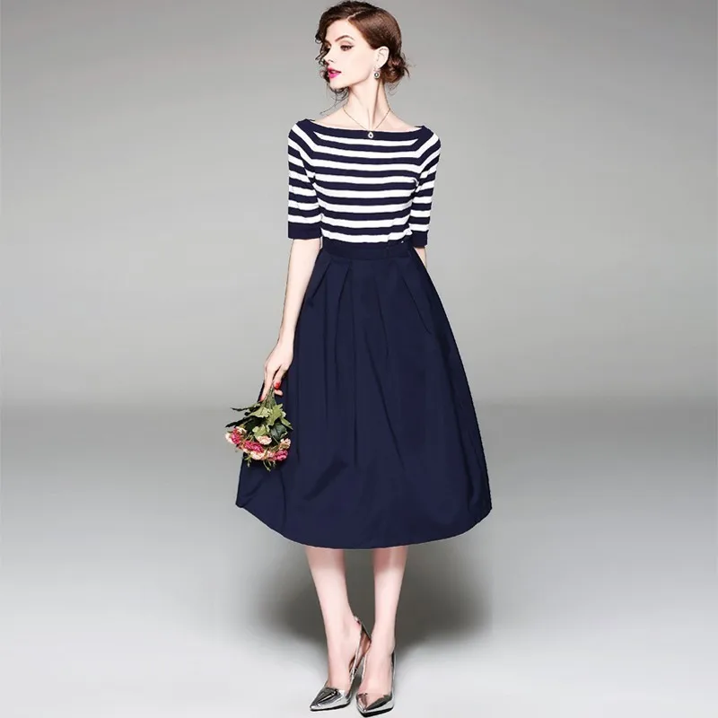 

Women Spring Two Piece Set Female Dress Striped Slash Neck Half Sleeve Knitted elegant Lady Top+midi A-line Skirt