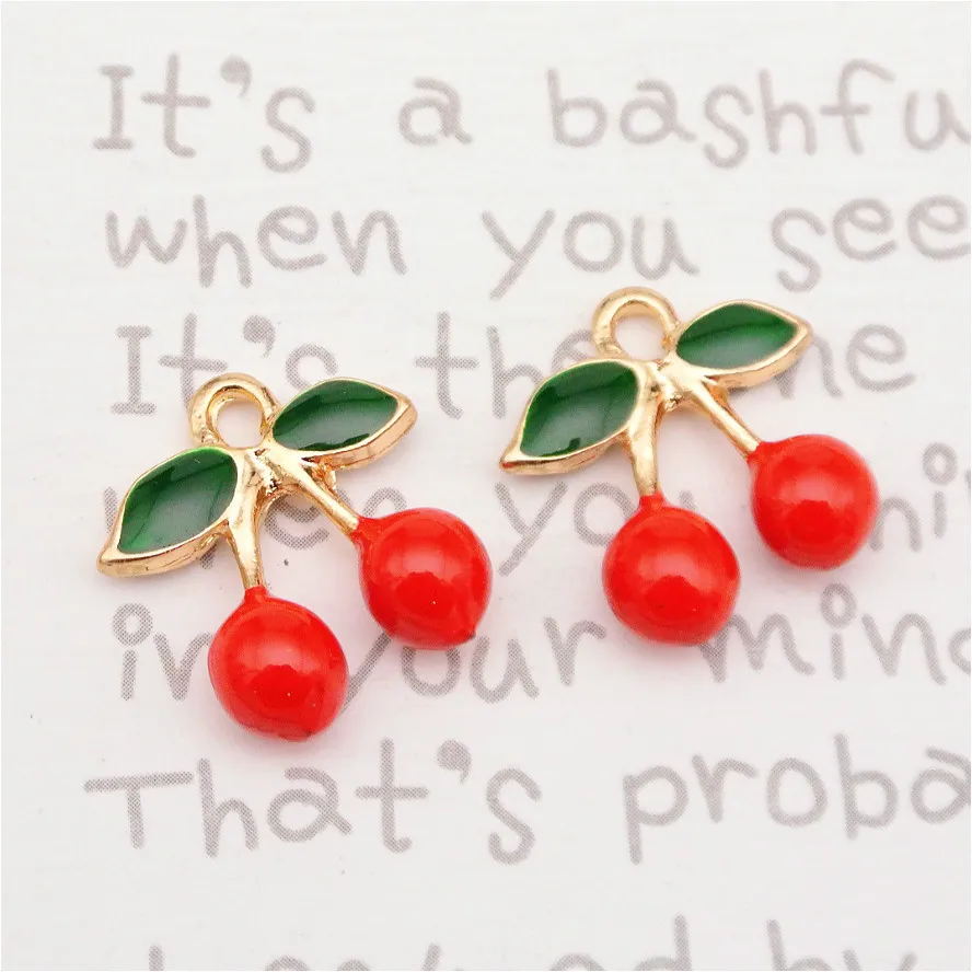 30pcs Exquisite enamel Cherry red green charms gold pendants 16*18mm
