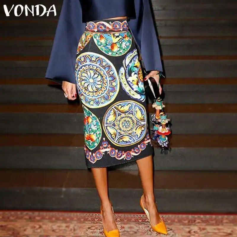 VONDA Fashion 2019 Women Skirt Summer OL Office Ladies Floral Printed