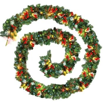

9ft/270cm Plain Green Christmas Garland with Warm White Led Light Artificial Wreath Fireplace Xmas Tree Decoration