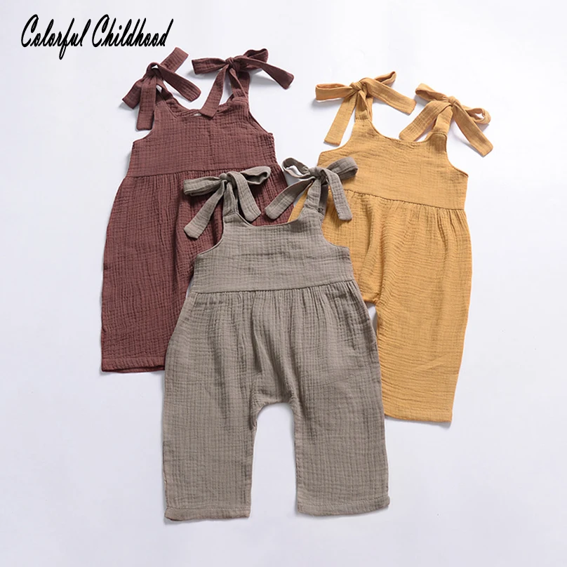 

Cotton linen suspender overalls baby boy/girls bowknot jumpsuit infant kids onesies toddler outfits summer