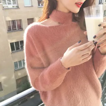 

Women Winter Hollow Thickened Velvet Sweater Loose and Lazy Long Sleeve Knitted Sweater Off Shoulder Jumper Sweater