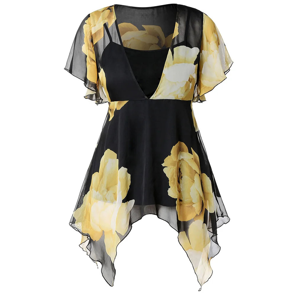 

Plus Size Floral Print Chiffon Blouse 2019 Summer Women Tops Long Tunic Ruffle Shirt Beach Kimono Retro Blouse Sexy Top Female