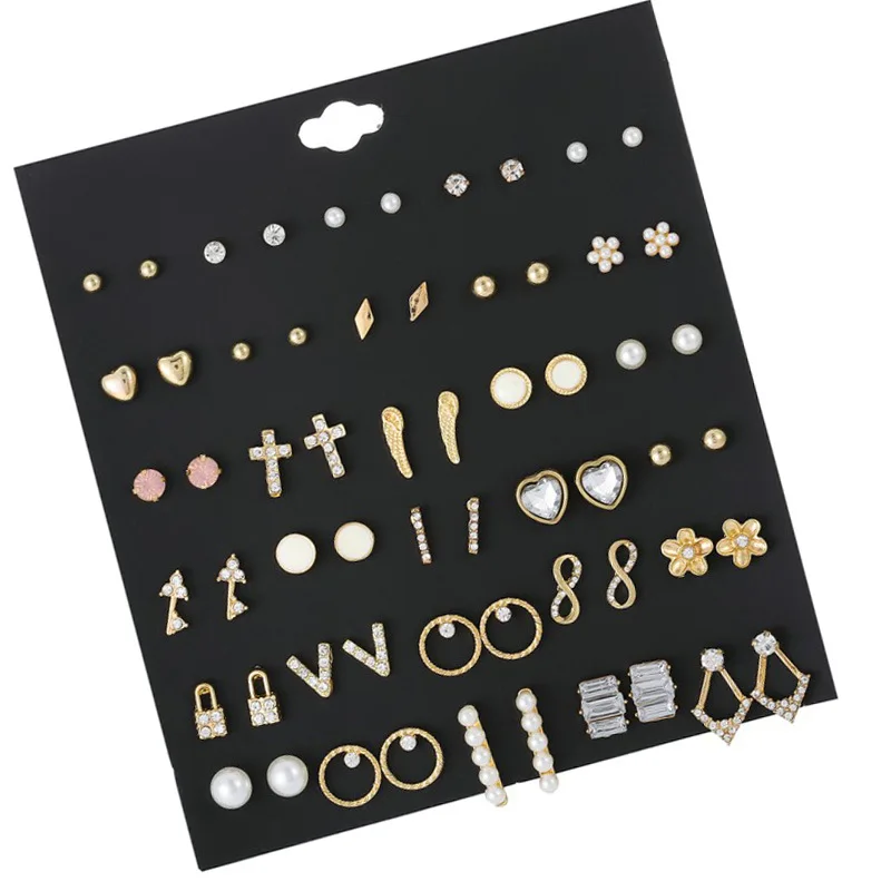 JCYMONG 30 пар/компл. 4 стиль цвета: золотистый, серебристый Цвет сплав маленькие серьги-гвоздики с украшением в виде кристаллов смолы цветок серьги для Для женщин Модные украшения