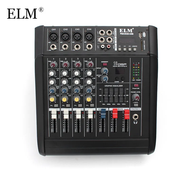 

ELM Digital Audio Mixer Professional 4 Channel Karaoke Microphone Sound Mixing Amplifier Console With USB Switch 48V Phantom