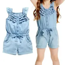 Детский комбинезон для девочек; Летний комбинезон для малышей; Детский комбинезон без рукавов с оборками и бантом; детская одежда; джинсовый костюм для малышей