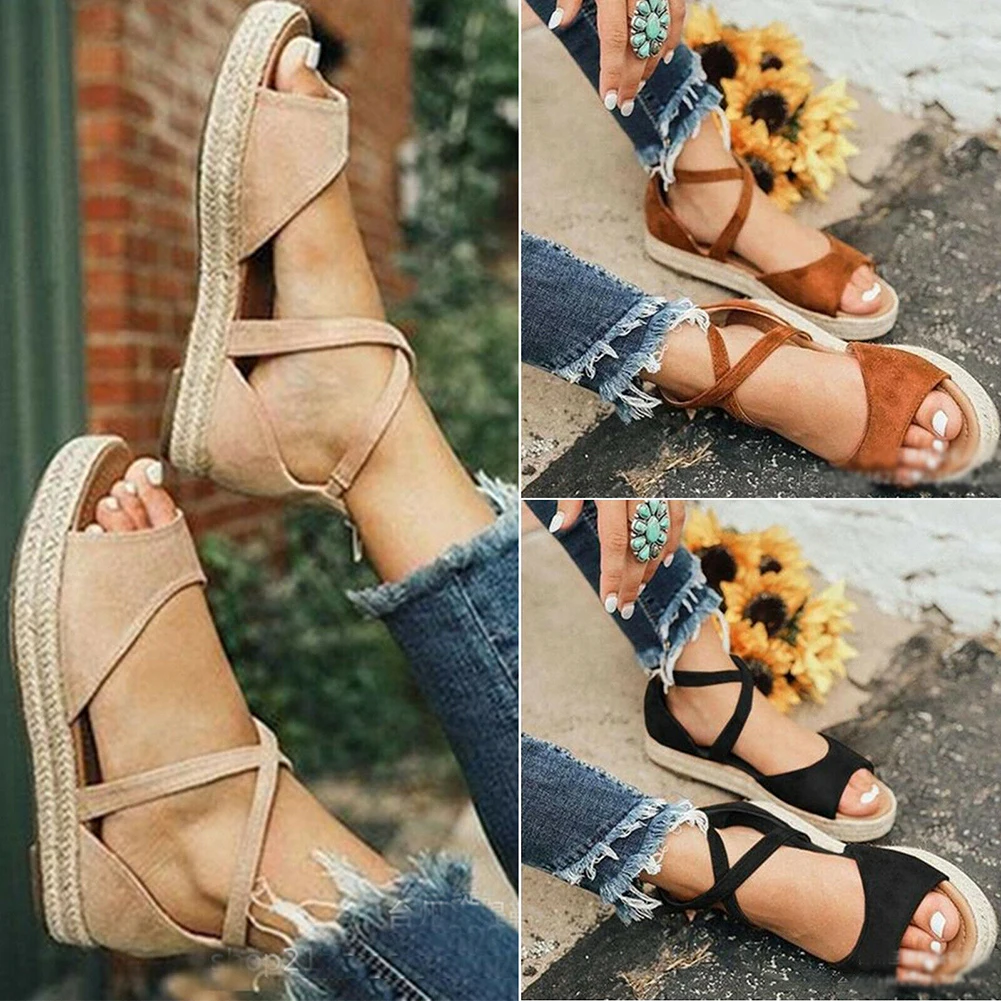 

Women Ladies sandals Fashion Peep Toe Flat Spike Heels Buckle Espadrilles Sandals Platform Casual Sandals Summer Shoes Woman