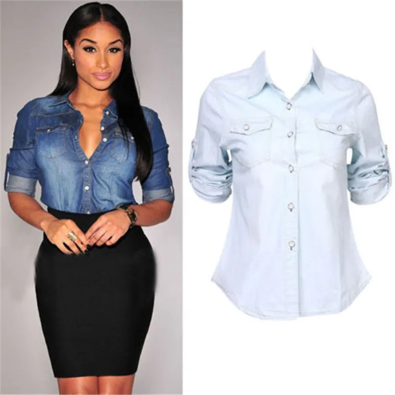 

Fashion Women Retro Blue Jean Soft Denim Long Sleeve Shirt Tops Blouse Jacket