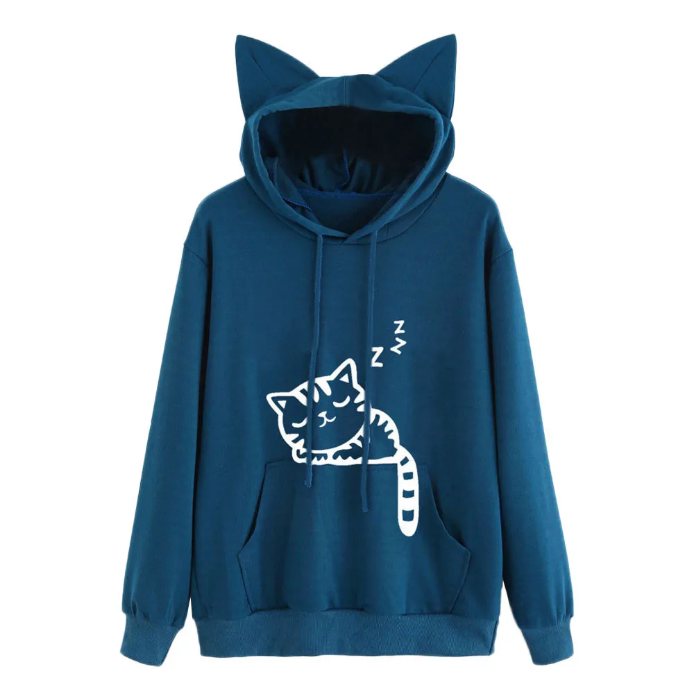 Harajuku Woman Hoodies Long Sleeve Hoody Oversize Cat Print Solid ...