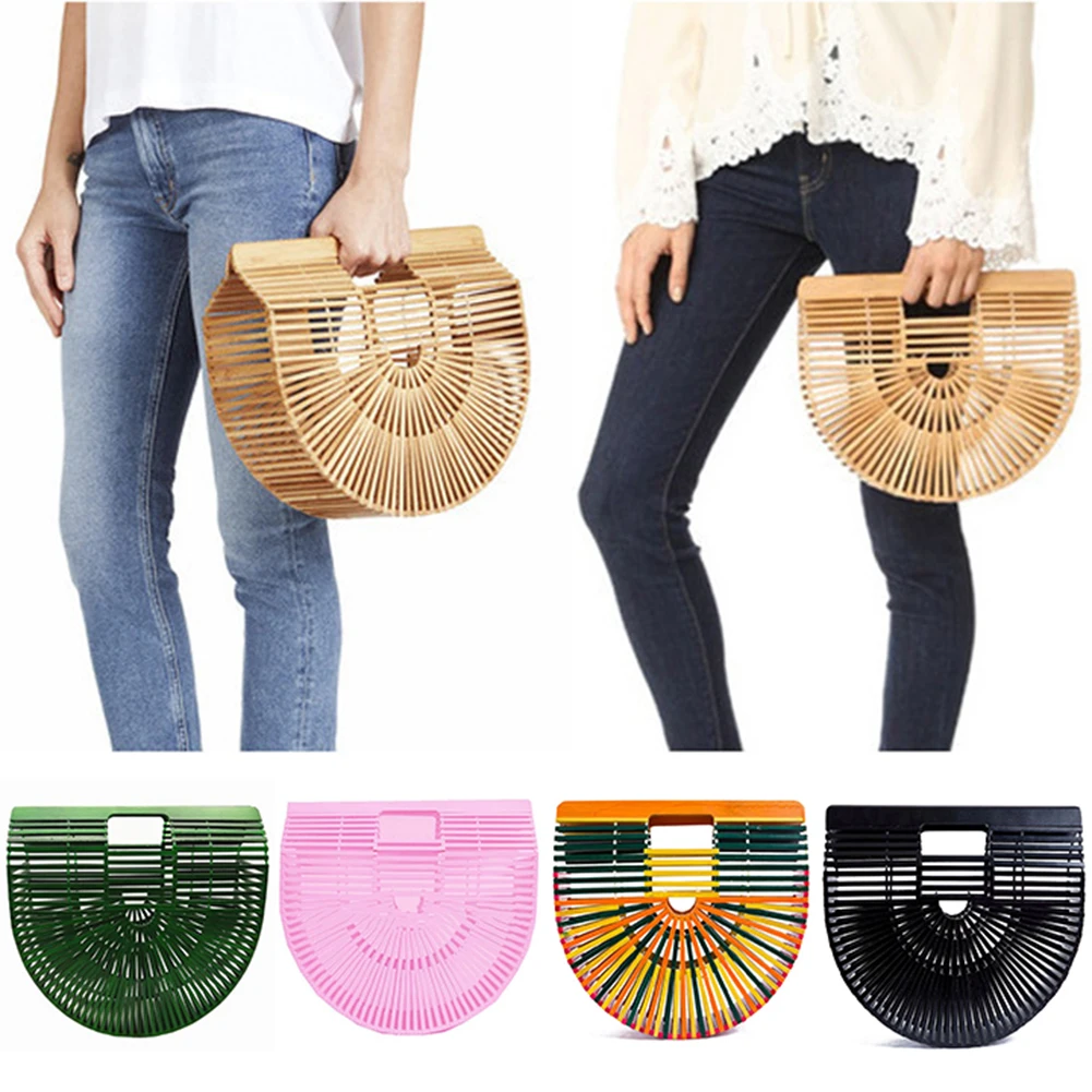 

2019 New Semi-circular Handmade Bamboo Handbags Women Elegant Summer Hollow Out Shopping Beach Bag Tote Clutch Beige Pink Black