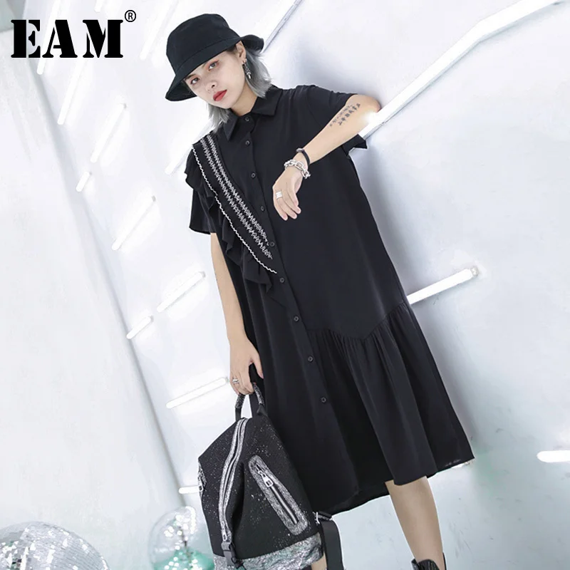 

[EAM] 2019 New Spring Summer Lapel Short Sleeve Black Loose Ruffles Split Joint Loose Big Size Shirt Dress Women Fashion JT954
