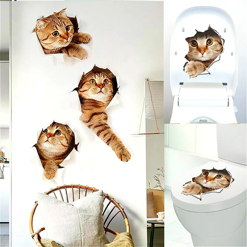 

Cute 3D Cat Wall Sticker Refrigerator Sticker Toilet Stickers Removable PVC Wall Sticker Decals Bathroom Home Decor