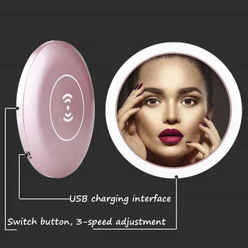 Portable LED Lighted Mini Circular Makeup Mirror Compact Travel Sensing Lighting Cosmetic Mirror Wireless USB Charging 3