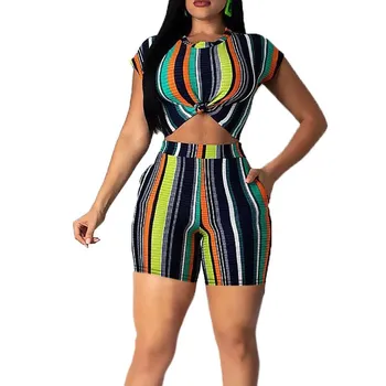 

Sexy Sweatsuits Striped Two Piece Sets Women Crop Top And Bodycon Shorts Casual Tracksuits Summer 2 Piece Outfits
