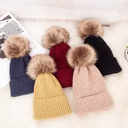 Новый вязаная шапка с рисунком зимние Хлопковые женские шапки утолщение согреться волосатые мяч шерсть шляпа тепло продать вязание