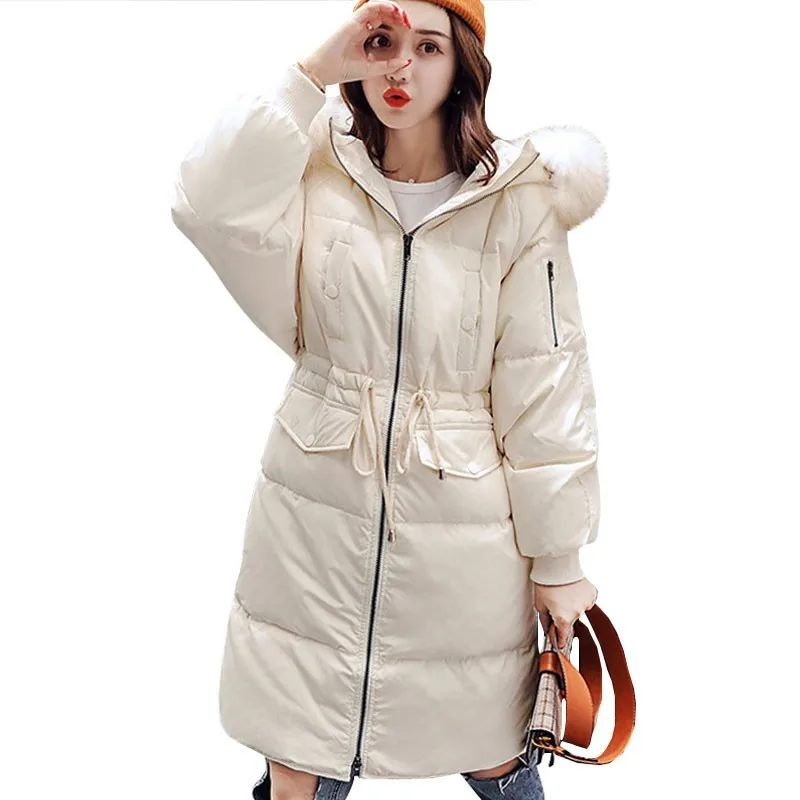 

New Fashion 2019 Winter For Women 90% Hooded White Jacket With Duck Down Long Coat Of Natural Fur Raccoon Park Insulated HJ159