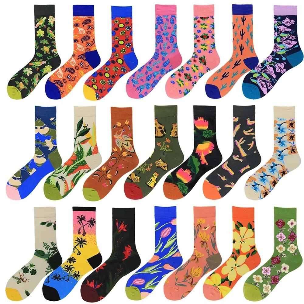 PEONFLY, 21 цвет, мужские носки, кактус, лотос, растение тюльпаны, с принтом Happy Socks, забавные, красочные, Harajuku Motion Calcetines Hombre