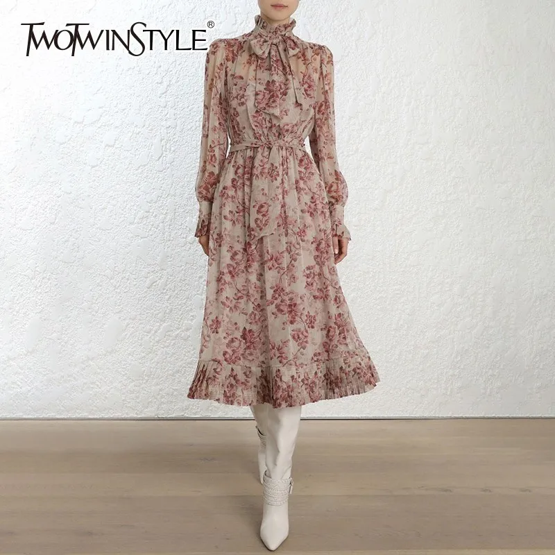 

TWOTWINSTYLE Autumn Print Dress Female Lace up Bowknot Lantern Long Sleeve Lace Up Pleated Dresses 2019 Korean Fashion