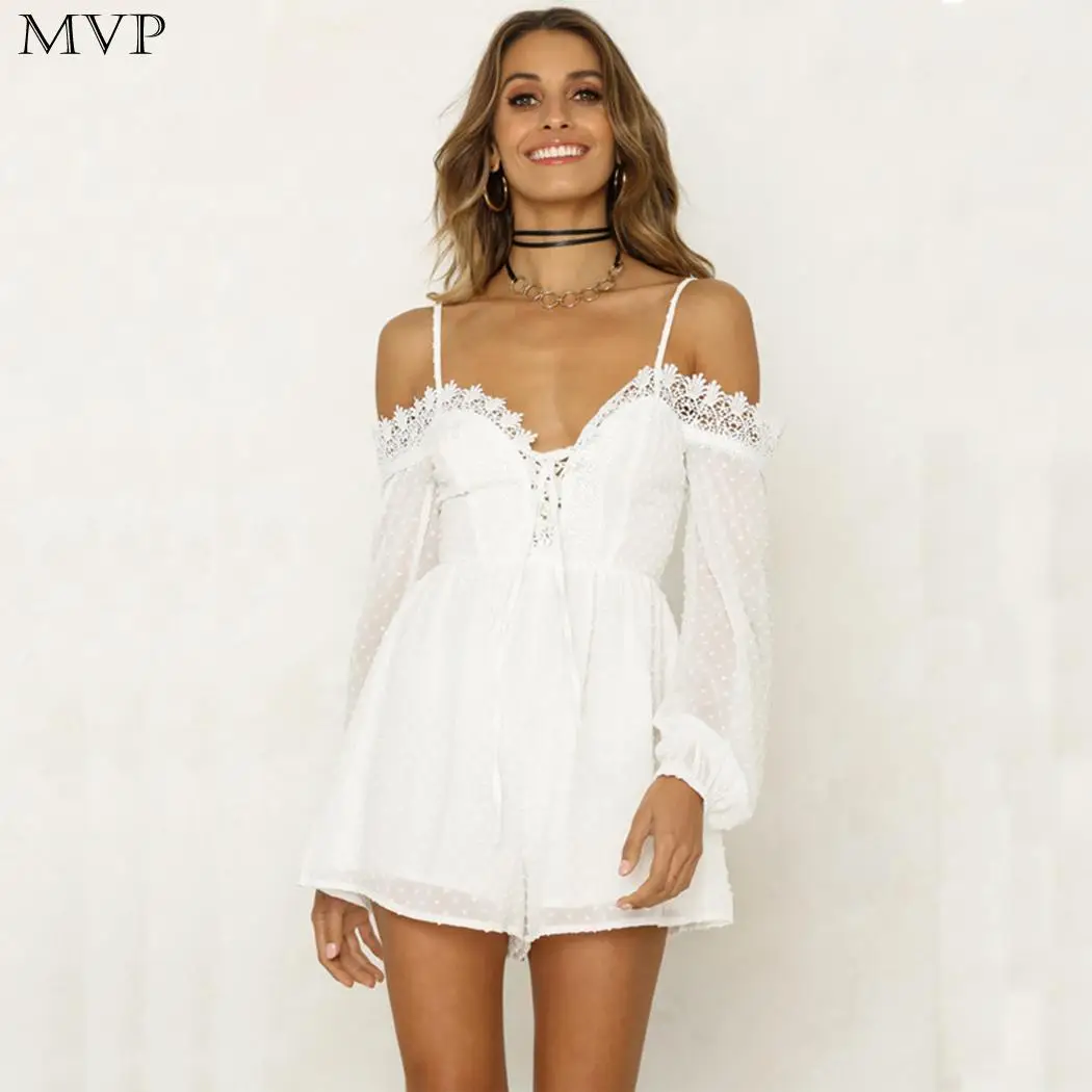 

New Fashion Women Spaghetti Straps Lace Patchwork Short Rompers Casual Cold Shoulder, Lantern Sleeve, Wide Legs