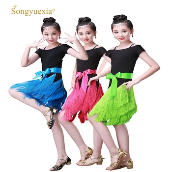 

SONGYUEXIA New Fashion Children Latin dancewear flamengo tassel Latin dance dress girl women dance dress tango robe dance dress