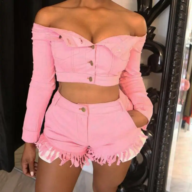 

Stylish Spring Two-piece Suit Women Sexy Pink Off-The-Shoulder Jacket Denim Tassel Shorts Suit Ladies Tops Shorts Buttons Top