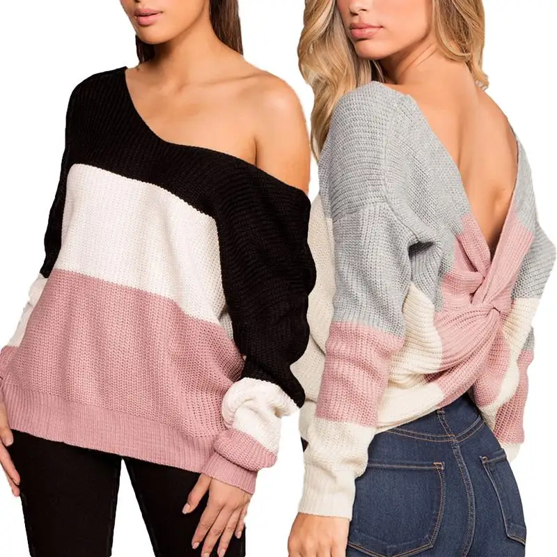 

Women's Knit Sweater Autumn And Winter Striped Piecing Asymmetric Crossover Backless Sexy Long Sleeve Knit Sweater Loose