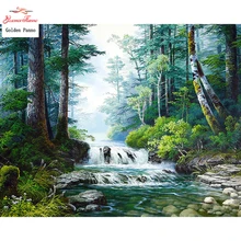 Panno 3d diamante natural de ouro cheio de cachoeira floresta pintura diamante 5d diy diamante pintura ponto cruz strass mosaico