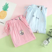 Мультяшная маленькая Пчелка домашние штаны одежда для сна хлопок для женщин хлопок двойные марлевые Брюки Полная длина Пижама для сна брюки