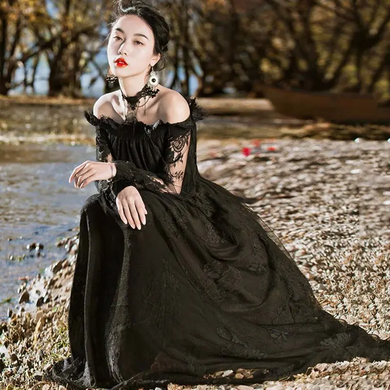 

Rosetic Harajuku Goth Black Vintage Party Dress Summer Lace Off Shoulder Long Lantern Sleeve Slash Neck A Line Midi Dress