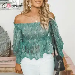 Conmoto модные, пикантные с открытыми плечами Зеленый шифон женские короткие топы и Блузка Лето 2019 г. рубашка длинными рукавами Женский Винтаж