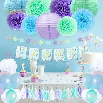

NICROLANDEE Purple Green Blue 54Pcs/Set Baby Balloons Paper Flower PomPom Tassel Set Baby Shower Party Decoration DIY Decor
