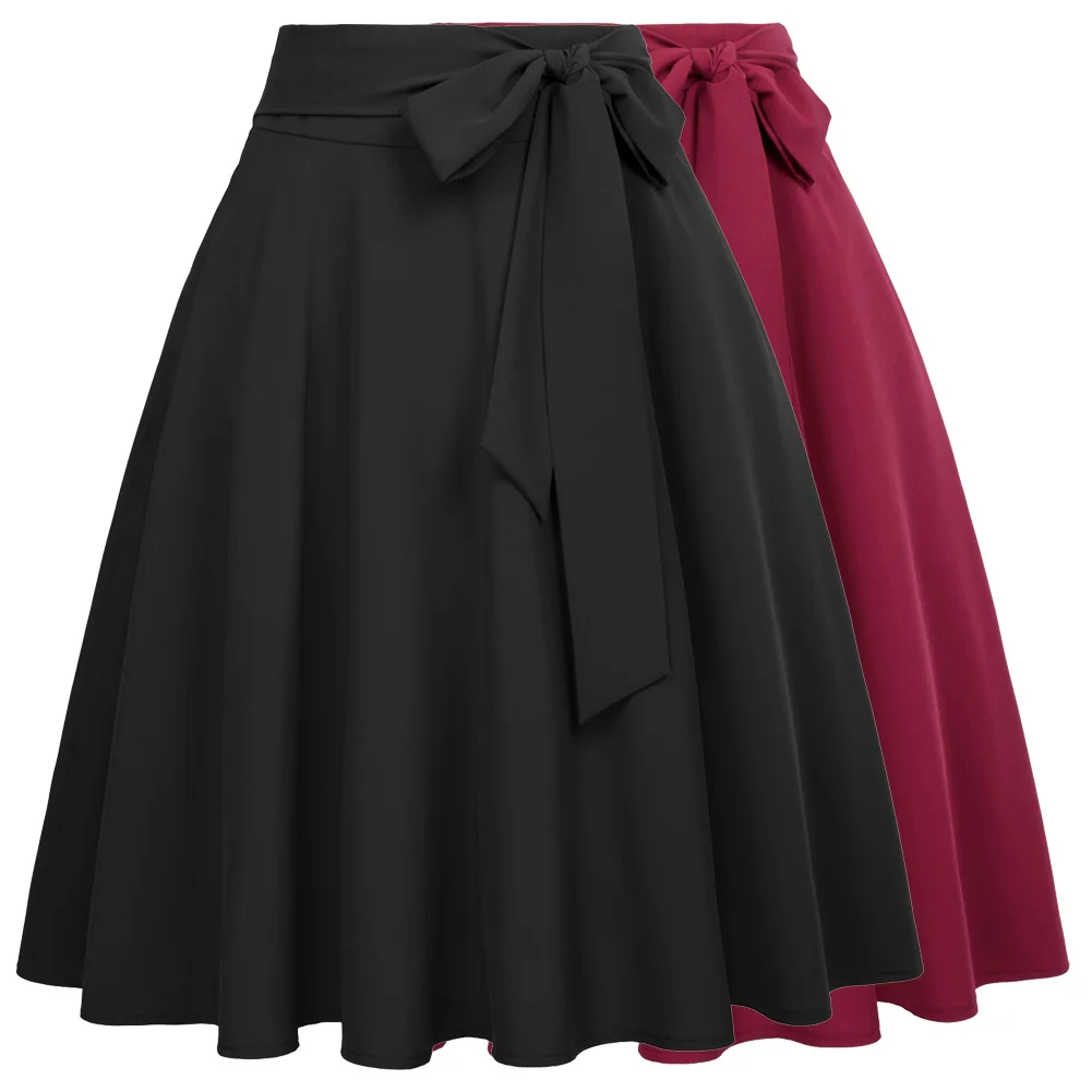 BP модные юбки, женские винтажные одноцветные юбки с высокой талией, женские юбки до колен с бантиком, украшенные трапециевидной формы