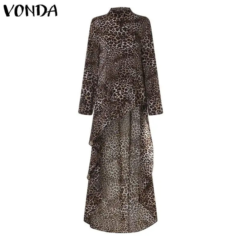  VONDA 2019 Women Summer Long Shirt Blouses Sexy Long Sleeve Casual Leopard Print Blouse Office Asym