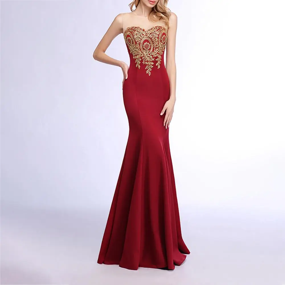 

MISSKY Women Dress Red Color Slash Collar Sleeveless Fishtail Slim Toast Dress for Bride Female Clothes For Wedding Party