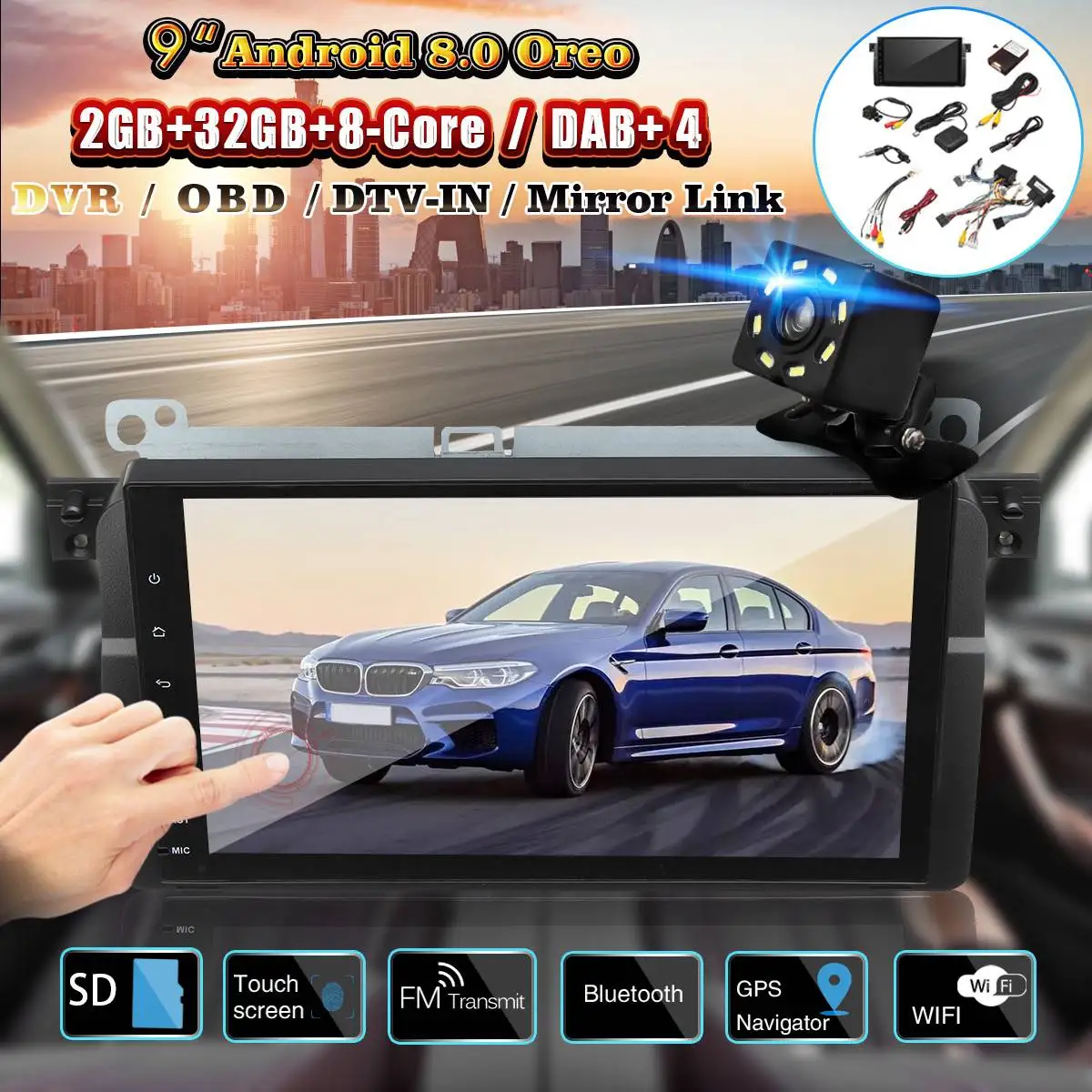 

9 Inch Android 8.0 Car Stereo GPS Radio Sat Navigation OBD DAB WiFi for BMW E46 M3 Rover 75 for MG ZT 2GB + 32GB