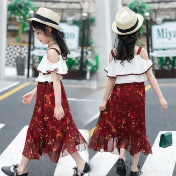 

2019 Girls Camisole Dress Spring Clothes Longuette Lotus Leaf Edge Suit