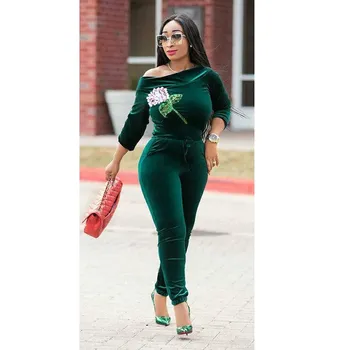 

Womens Jumpsuits Spring Off Shoulder Velvet Bodycon Jumpsuits Long Sleeve Skinny Floral Embroidery Vintage Rompers