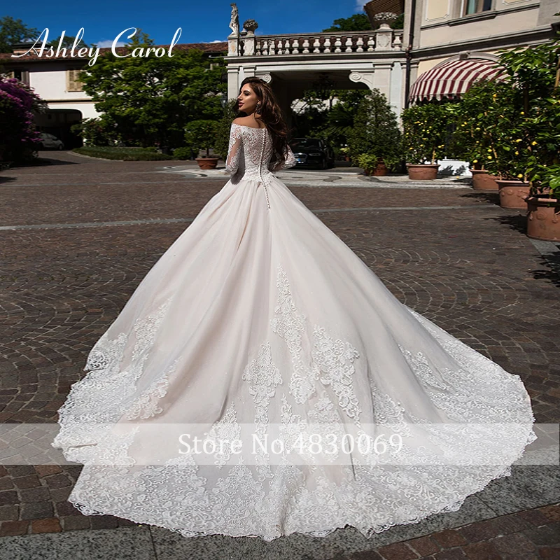 Свадебное платье-трапеция с аппликацией Ashley Carol, кружевное свадебное платье принцессы с длинным рукавом и шлейфом, с вырезом лодочкой, Vestido de Novia