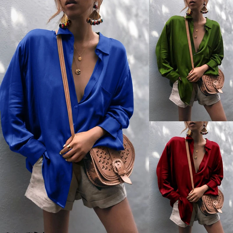 

Women V Neck Casual OL Tops Long Sleeve Button Casual Loose Satin Elegant Ladies Shirt Blouse