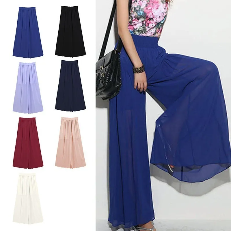 

2019 New Fashion Lady Wide Leg Chiffon Pants High Waist Long Loose Palazzo Pants Culottes Trousers Women Summer Pants Pantalones