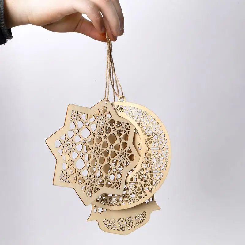 

Islam Eid Ramadan Mubarak Hollow Decorations Wooden Golden Hanging Lantern Baubles Festive DIY Home Decorations 2019 New