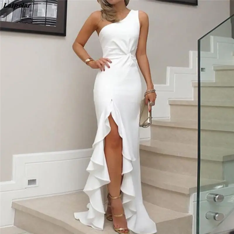 

Women Asymmetrical Party Bodycon Dress 2018 Summer Elegant One Shoulder Twisted Ruffles Slit Hem Formal Formal Dress 3 Colors